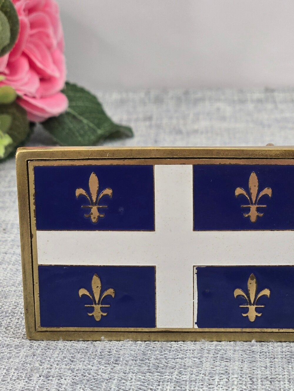 Vintage Solid Brass Quebec Flag Belt Buckle Enameled Fleurdelisé Drapeau Canada